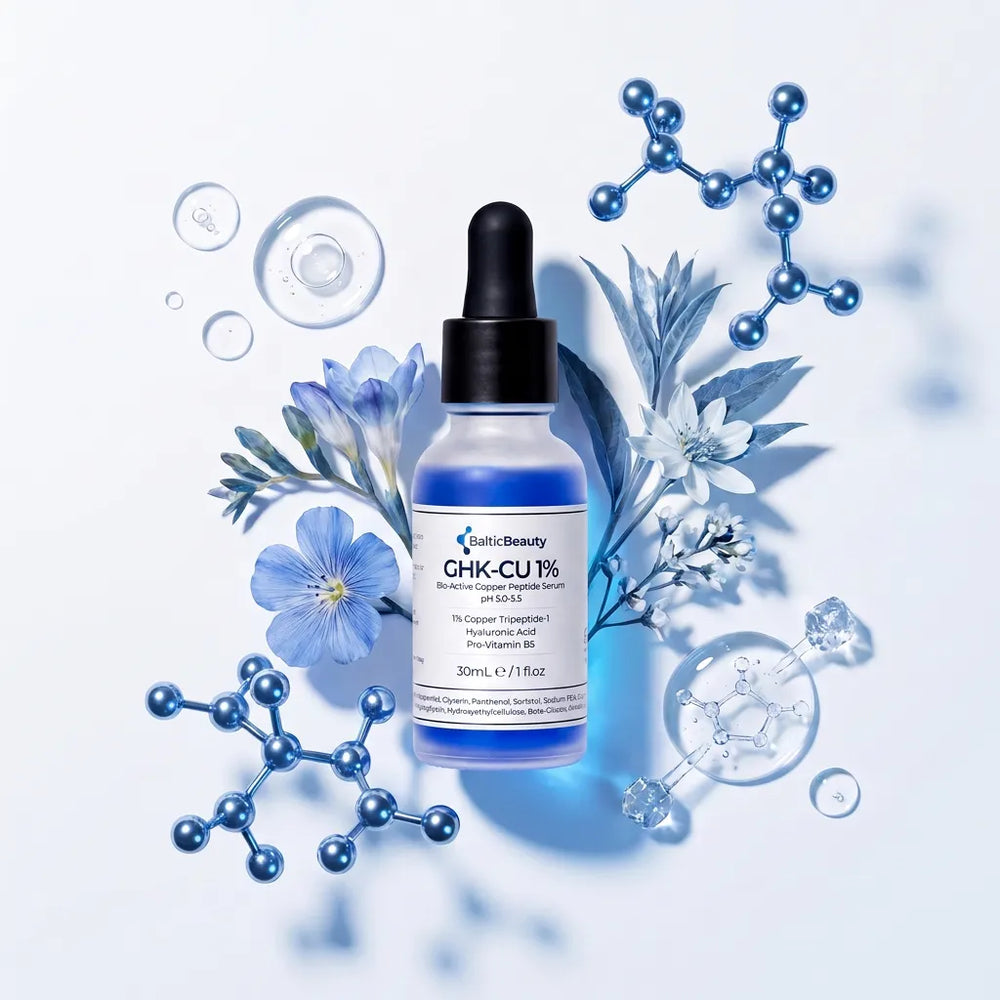 The Baltic Beauty serum bottle next to a copper peptide illustration