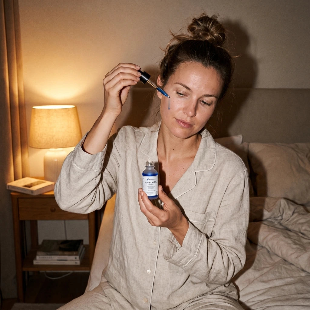 Woman applying Baltic Beauty serum in a softly lit bedroom